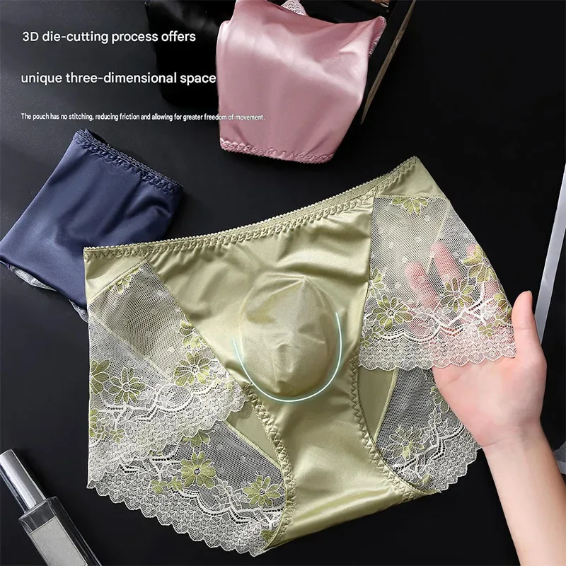 Men Satin Ice Silk Triangle Underwear 3D Pouch Low‑Waist Briefs Side Lace Breathable Soft Sexy Male Plus Size Intimate Shorts — image 1