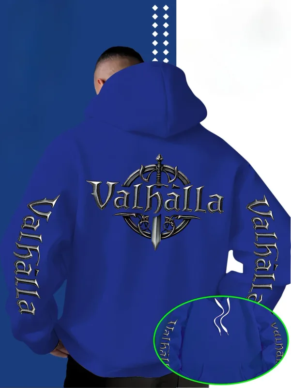 Sweat à capuche ample Viking Valhalla avec logo imprimé en forme d'épée pour homme, adapté pour l'automne et l'hiver.
