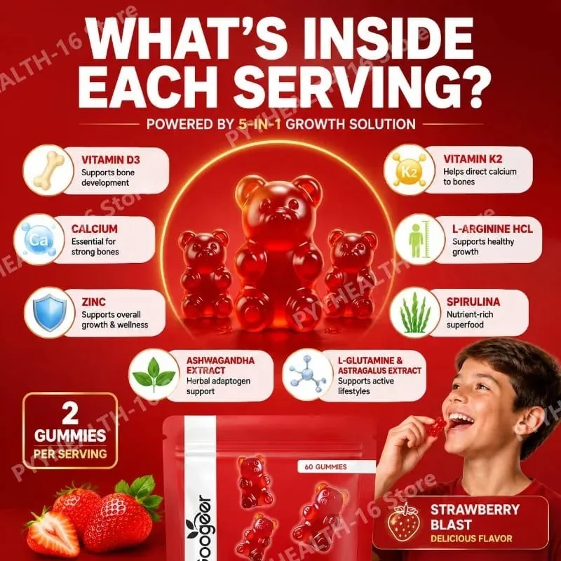 Googeer 5-IN-1 Growth Solution Gummies for Bone Development & Height Support Vitamin D3 K2 Calcium Strawberry Blast 60 Gummies — image 3