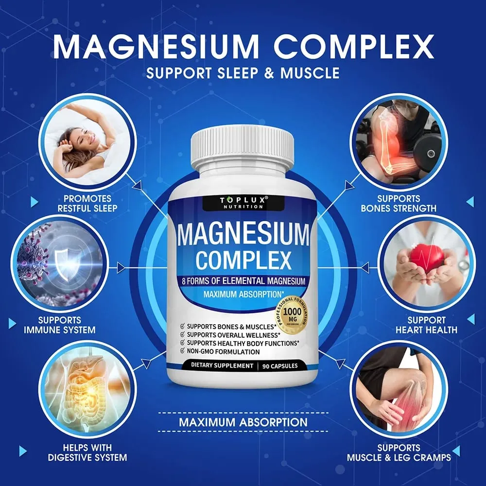 Magnesium Complex Supplement 1000mg - Magnesium Glycinate Citrate Malate Taurate for Bones Muscle Energy 90 Vegan Capsules