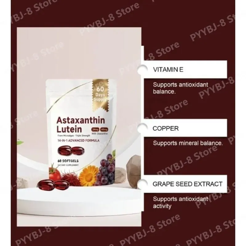 Η κάψουλα ασταξανθίνης και λουτεΐνης 60 Count με κουκούτσι σταφυλιού και εκχύλισμα σαφράν παρέχουν υποστήριξη για τη διατροφή των ματιών στο δέρμα και τις αρθρώσεις — image 4