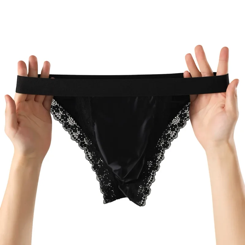 Satin-like Comfortable Men Panties Lace Trim Briefs Sexy High Fork Bikinis Underwear Breathable Low Waist Pouch — image 20