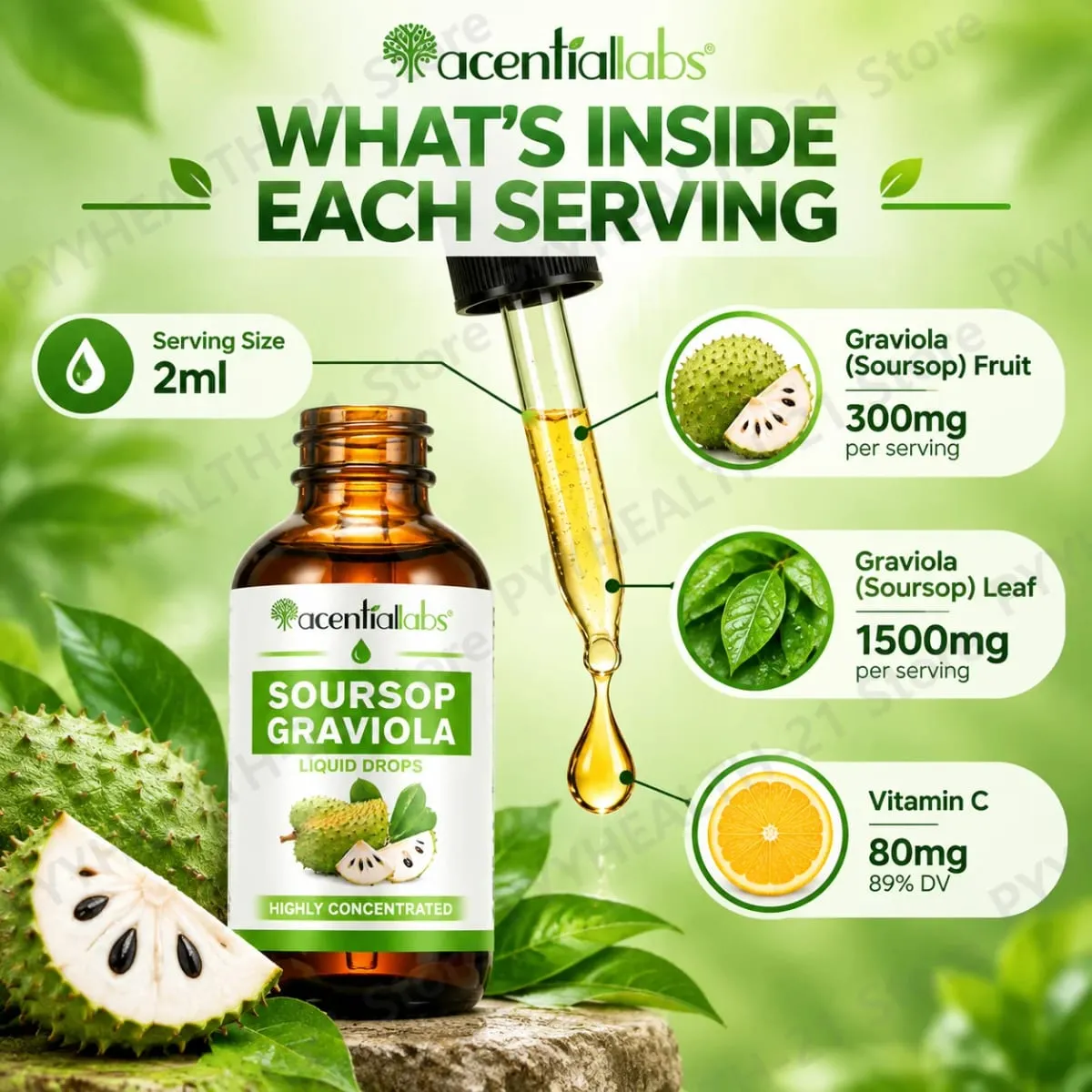 AcentiLabs Soursop Graviola Liquid Drops Vitamin C Supports Digestive Health Immune System Free Radical Defense 60ml for Adults