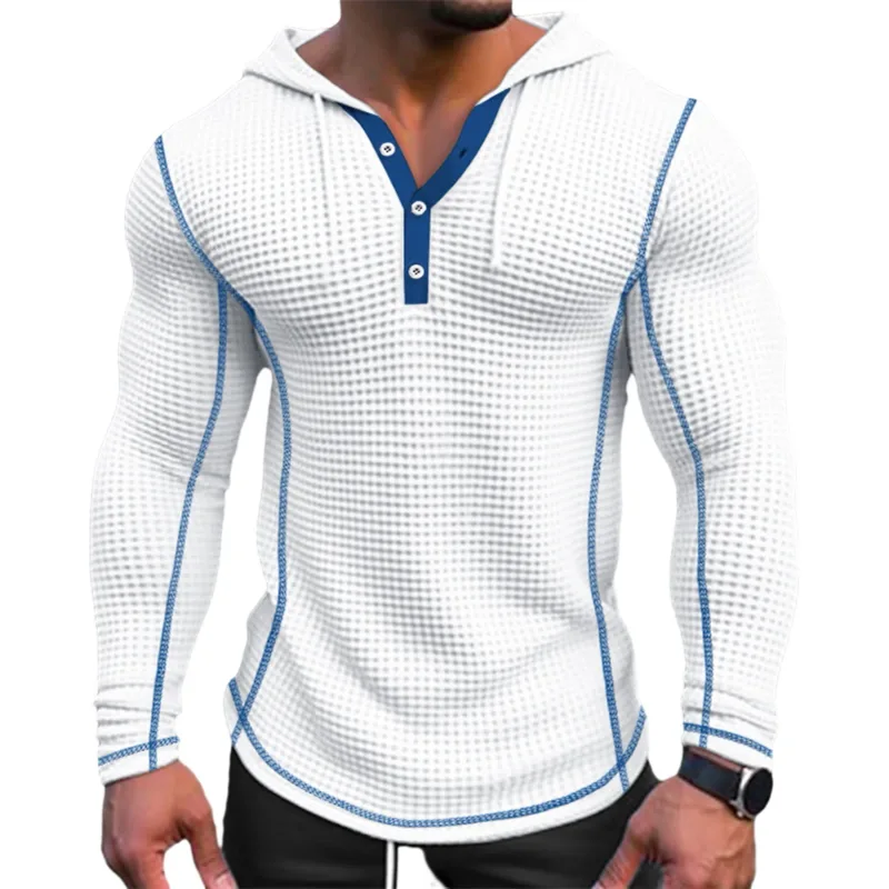 Camiseta de manga larga ajustada de Color sólido para primavera, Top deportivo transpirable con capucha para hombre, camisa informal de manga larga de algodón Waffle