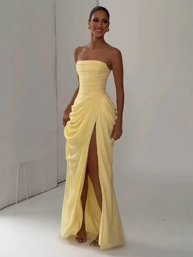 Γυναικείο σέξι μονόχρωμο πλισέ φόρεμα Lady chic off-shoulder Φορέματα με σπαστό στράπλες ψηλόμεσο 2026 Καλοκαιρινό βραδινό πάρτι