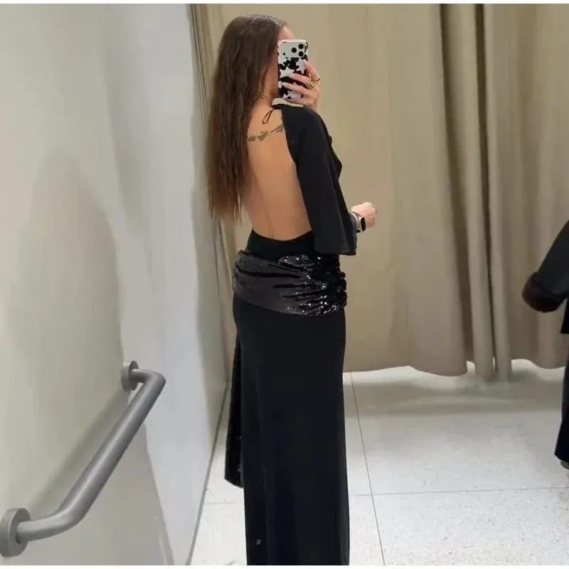 Női, hát nélküli flitteres patchwork maxi ruha Elegáns, széles ujjú, hosszú ruhák, nőies, új divatos esti parti napi köntösök — image 2