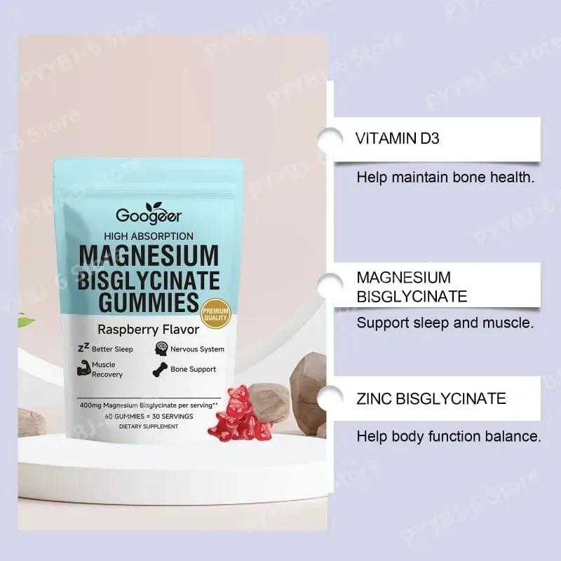 Magnesium Bisglycinate Gummies400mg Raspberry Flavor Supports Bone Health& Muscle Function Dietary Supplement for Adults60 Count