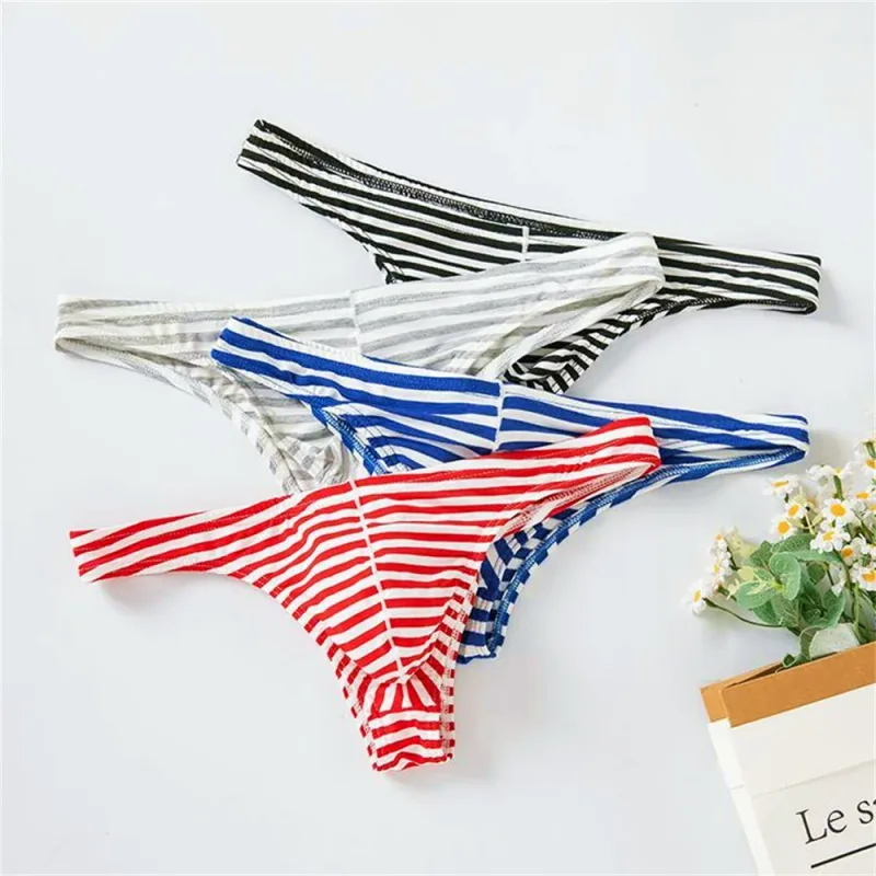 Europe Men's Striped Bikini Briefs Low Waist Sexy U Convex Underwear Male Half Covered Buttocks Tanga Panties Plus Size M-XXXL — image 7