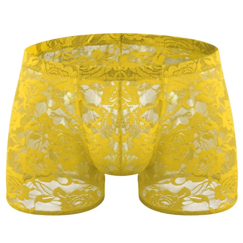 Men See Through Lace Boxer Shorts Bulge Pouch Low Waist Underwear Solid Panties Elastic Waist Breathable Transparent Underwear