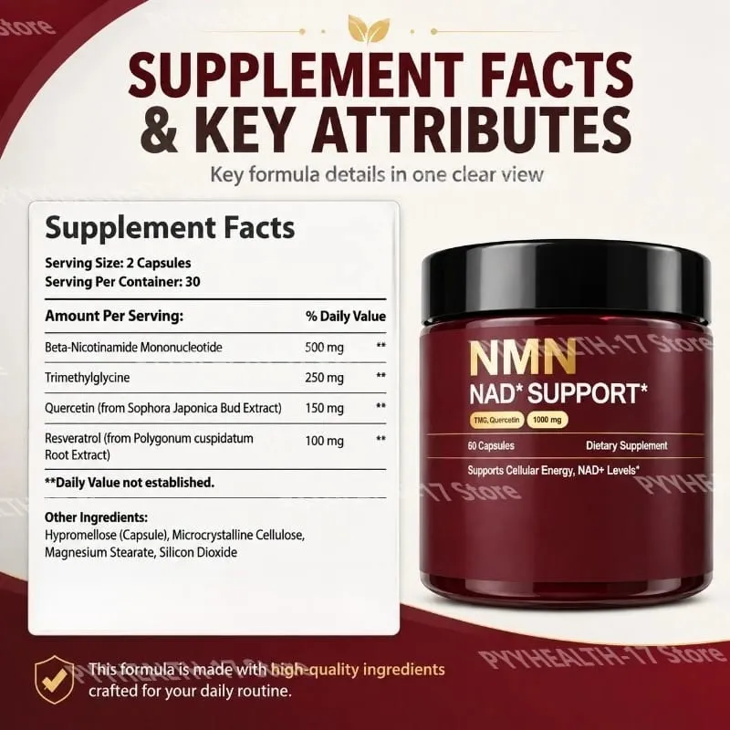NMN NAD+ Συμπλήρωμα Υποστήριξης 1000mg με TMG & Quercetin για Υγιή Γήρανση Κυτταρικής Ενέργειας & Αντιοξειδωτική Υποστήριξη 60 Κάψουλες — image 3
