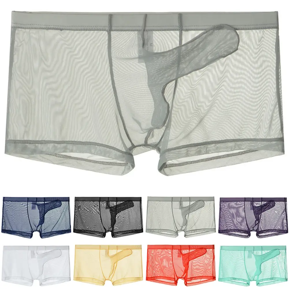 Ropa interior ligera transparente de malla sexi para hombre, calzoncillos Boxer transpirables transparentes, bragas tipo Boxer para hombre con separación de balas