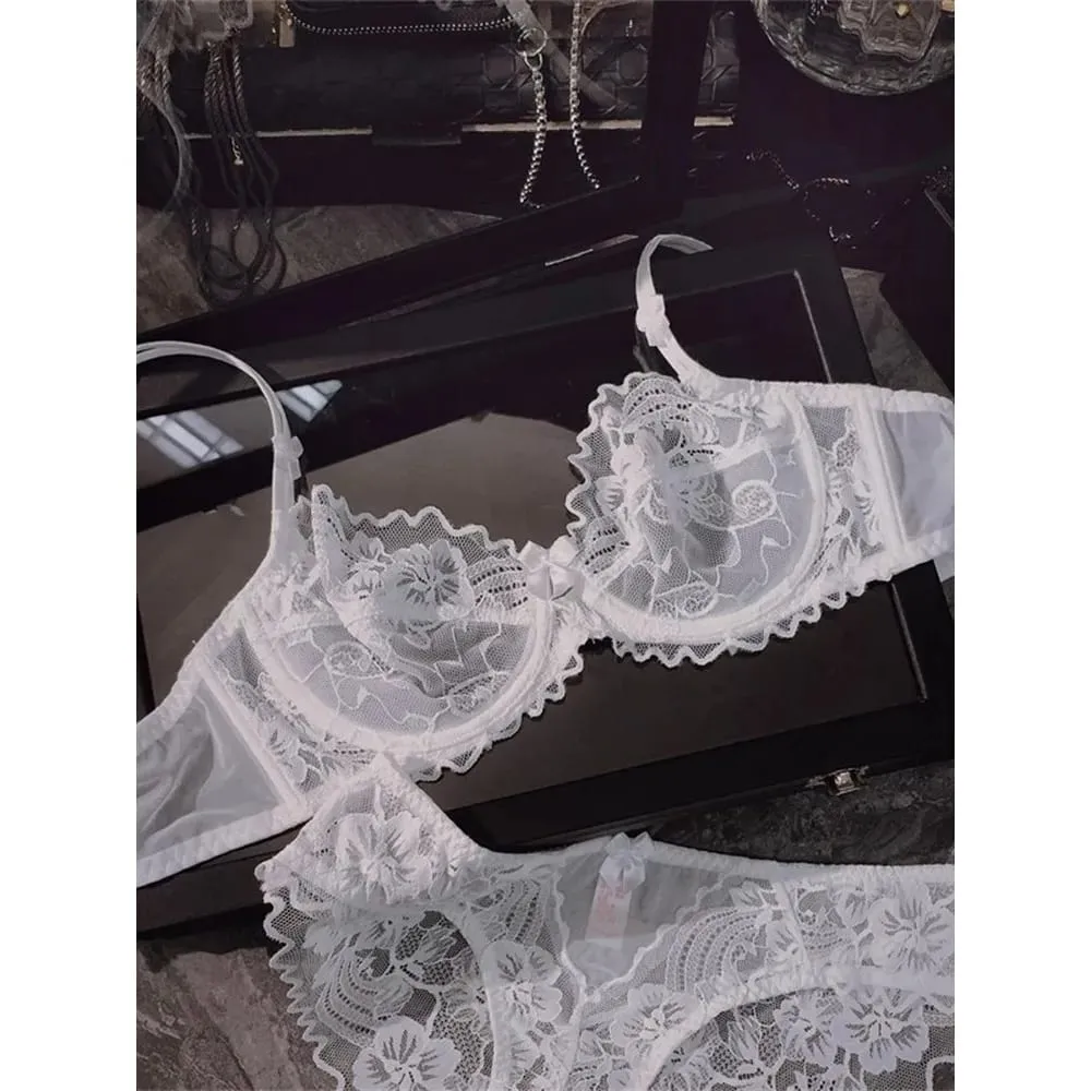 Γαλλικό Ultra Thin Sheer Lace Σετ σουτιέν Underwire Perspective Beauty Back Μεγάλο μπούστο Minimizer Side Shaping Anti Sag 32-38 Σετ σουτιέν