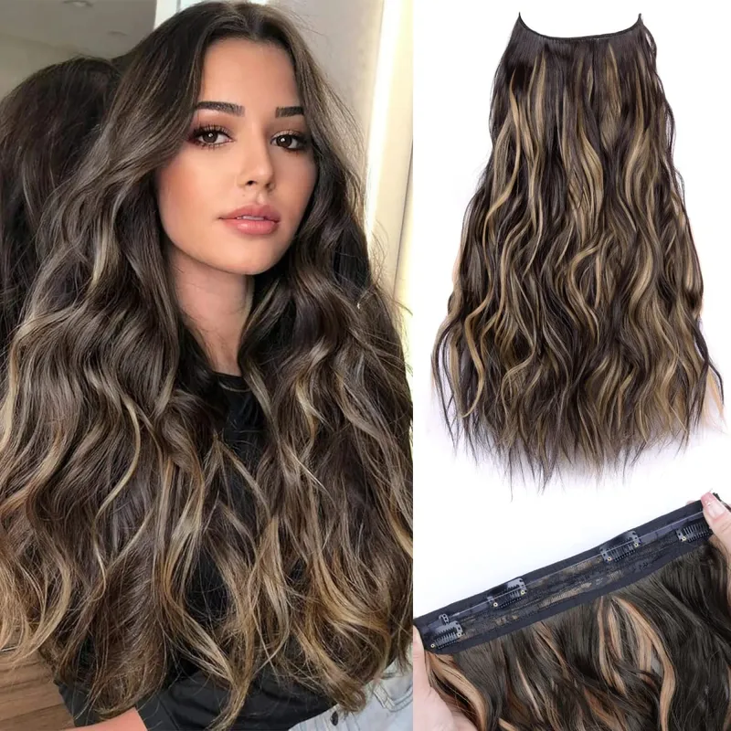 Συνθετικά 4 Κλιπ Αόρατα Συρμάτινα Extension Μαλλιών Μακριά Κυματιστά Φυσική Γραμμή Ψαριού One Piece False Hairpiece Hair Extension για γυναίκες — image 9