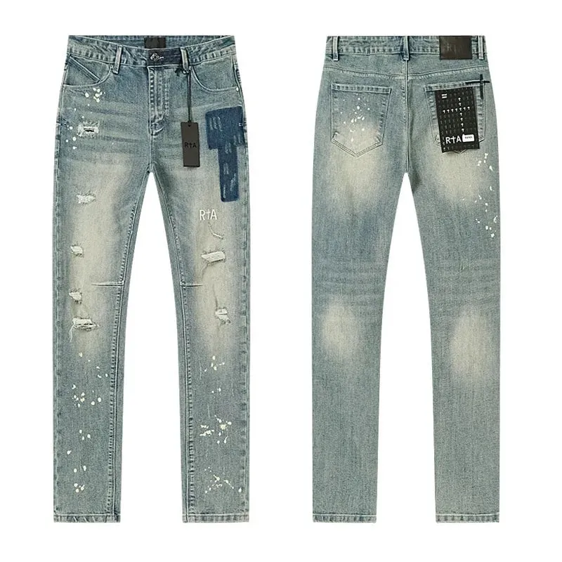 Új RTA Destroyed Scratch Hole Világoskék Distressed Farmer Férfi High Street Elasztikus Slim Fit Farmer 2026 márka nadrág utcai viselet — image 6