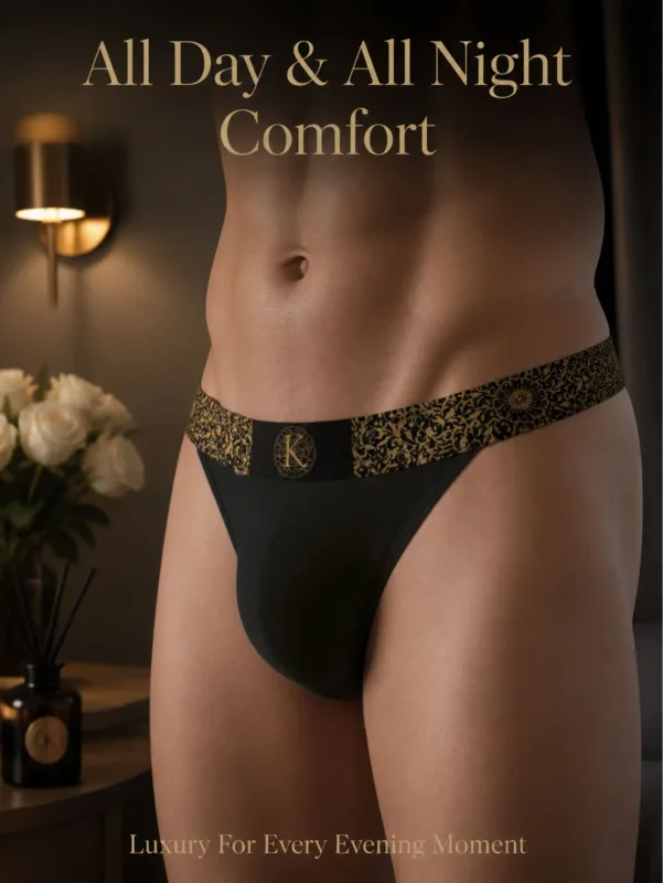 Slip bikini da uomo a sgambatura alta Vintage ornato festivo Nero‑Oro Elastico in vita elasticizzato Intimo evaporante Data Anniversario — image 7