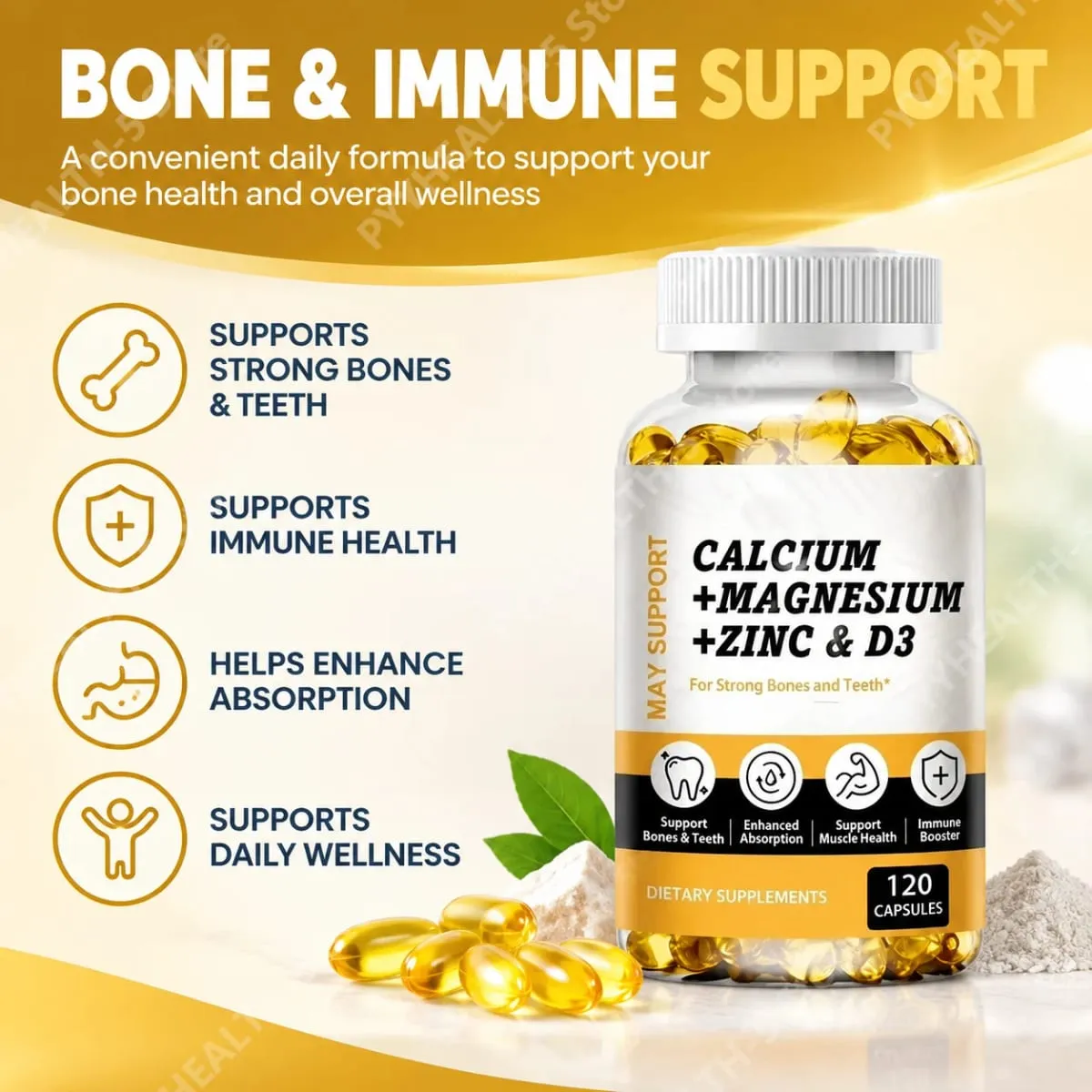 Ασβέστιο Magnesium Zinc Softgels Υποστήριξη οστών και δοντιών Συμπλήρωμα βιταμίνης D3 που υποστηρίζει την υγεία των μυών και την ανοσολογική λειτουργία 120 κάψουλες