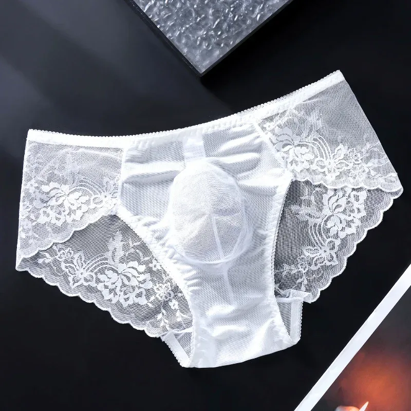 Men's Lace Briefs 3d U Convex Pouch Lingerie Ice Silk Breathable Thin Underwear Sexy Low-Rise Panties Sissy Feminization
