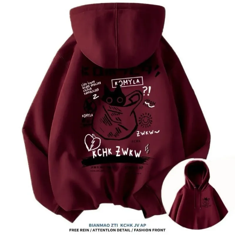 Style japonais Sweat à capuche chat noir Hommes Femmes Rue extérieure Mode décontractée Dessin animé Sport à manches longues Adulte Sweat d'automne et d'hiver
