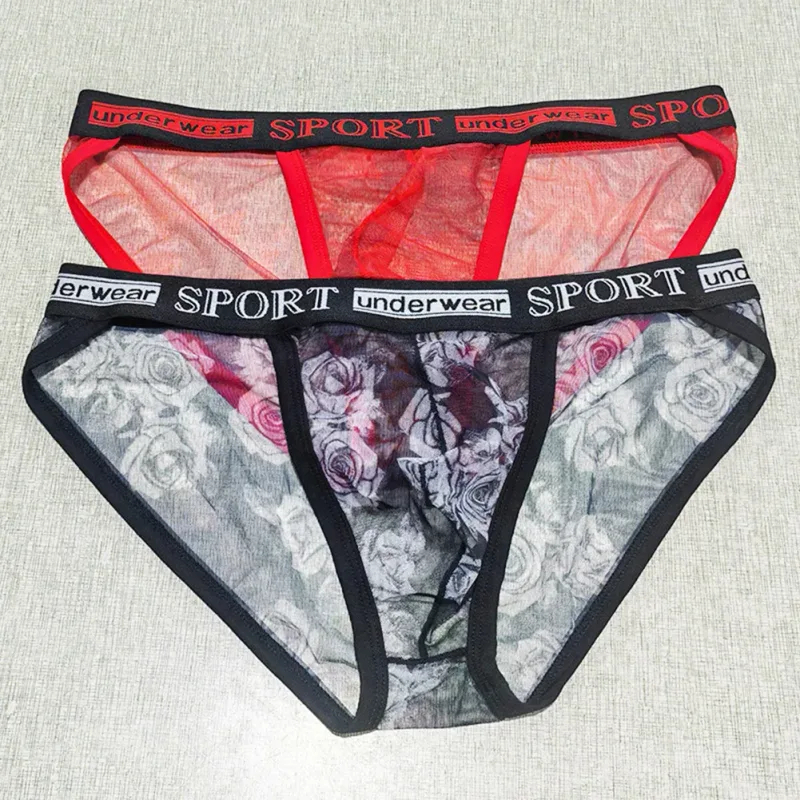 1pc Men Rose Printed Briefs High Fork Perspective Underwear Sexy Mesh Sheer Panties Breathable Comfortable Underpants — image 1