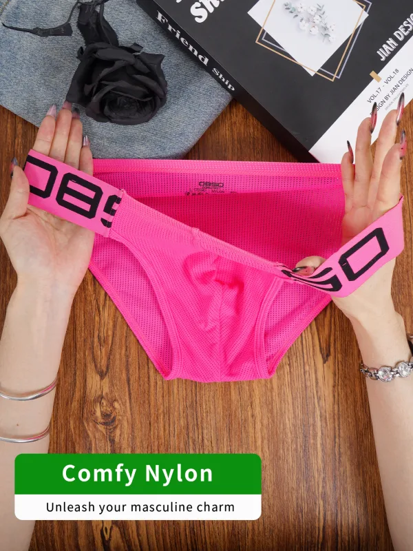 Men's Nylon Blend Mesh Breathable Briefs Horn Splice Letter Embossed Wide Elastic Waistband Fluorescent Color Sexy Underwear — image 2