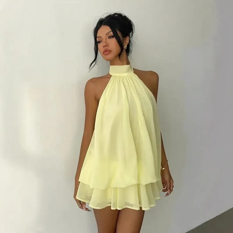 Sexy Women Chiffon Sleeveless Halter Backless Dress Lady Solid Color Tie Waist Slim Flared Dress Summer Beach Vacation Outfit