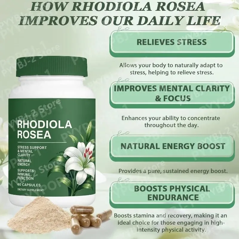 60 Pieces Rhodiola Rosea Capsules 500mg Natural Herbaceous Plants Supplement for Daily Stress Support & Energy Balance Health — image 2