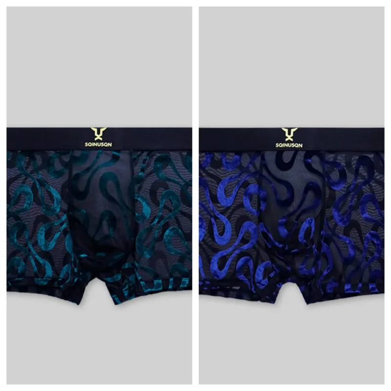 2PCS Men's Sheer Mesh Flocked Boxer Briefs with Wide Elastic Waistband High Stretch Multi Colors Optional plus Size Male Underwe
