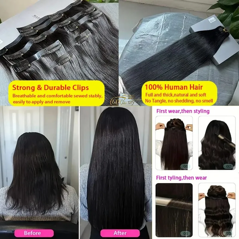 Insible Seamless Clip Ins Bone Straight Human Hair Unprocessed Raw Hair PU Weft Extensions Full Head 7Pcs/Set Clip on Hair — image 2