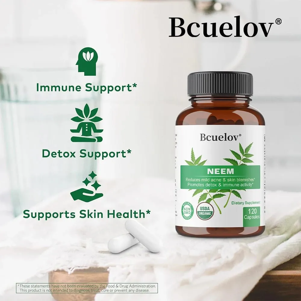 Organic Neem Capsules - Herbal Acne Supplements Supporting Clear Skin and Detox - Vegan Non-GMO Gluten Free