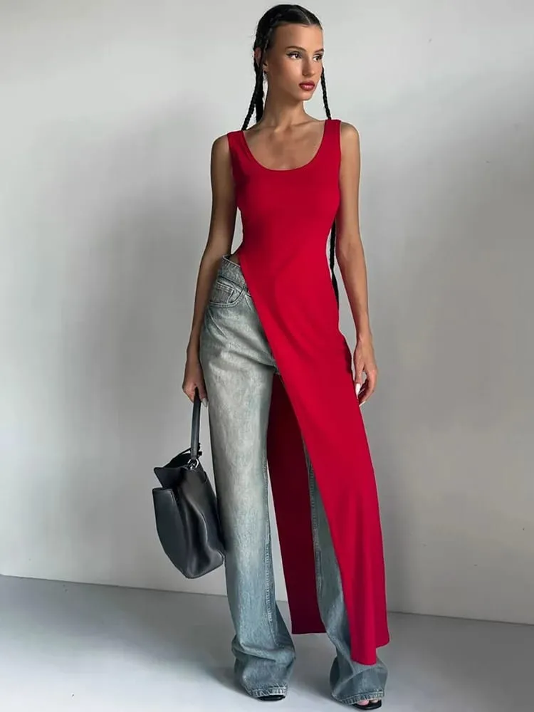 Καλοκαιρινή προσωπικότητα trend slim fit μονόχρωμο street niche ακανόνιστο ασύμμετρο στρίφωμα αμάνικο καμισό φόρεμα — image 6