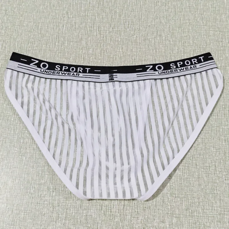 Striped Men's High Slit Sexy Pouch Underwear Ice Silk See Through Comfortable Male Triangle Briefs Man Underclothes — image 1