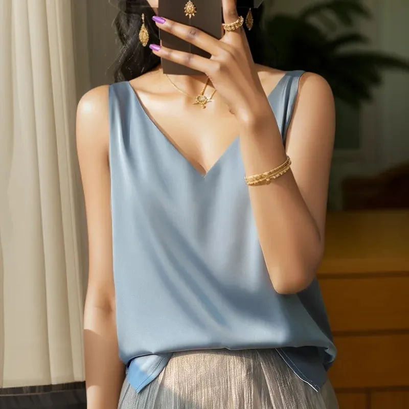 Νέο Lce Silk Satin Camisole Γυναικεία Άνοιξη/Καλοκαίρι μονόχρωμο αμάνικο σέξι άνετο μεταξωτό εσώρουχο RW-D09 — image 6