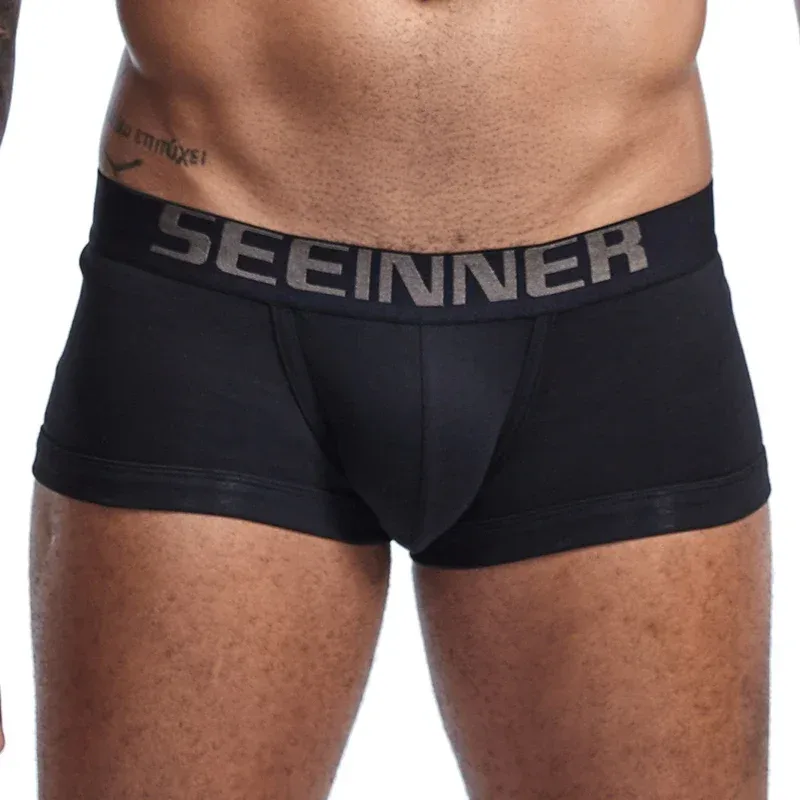 Seeinner Mens 복서 반바지 코튼 U 볼록한 주머니 속옷 부드럽고 편안한 속옷 Cueca Masculina M-XXL 블랙 화이트 그레이
