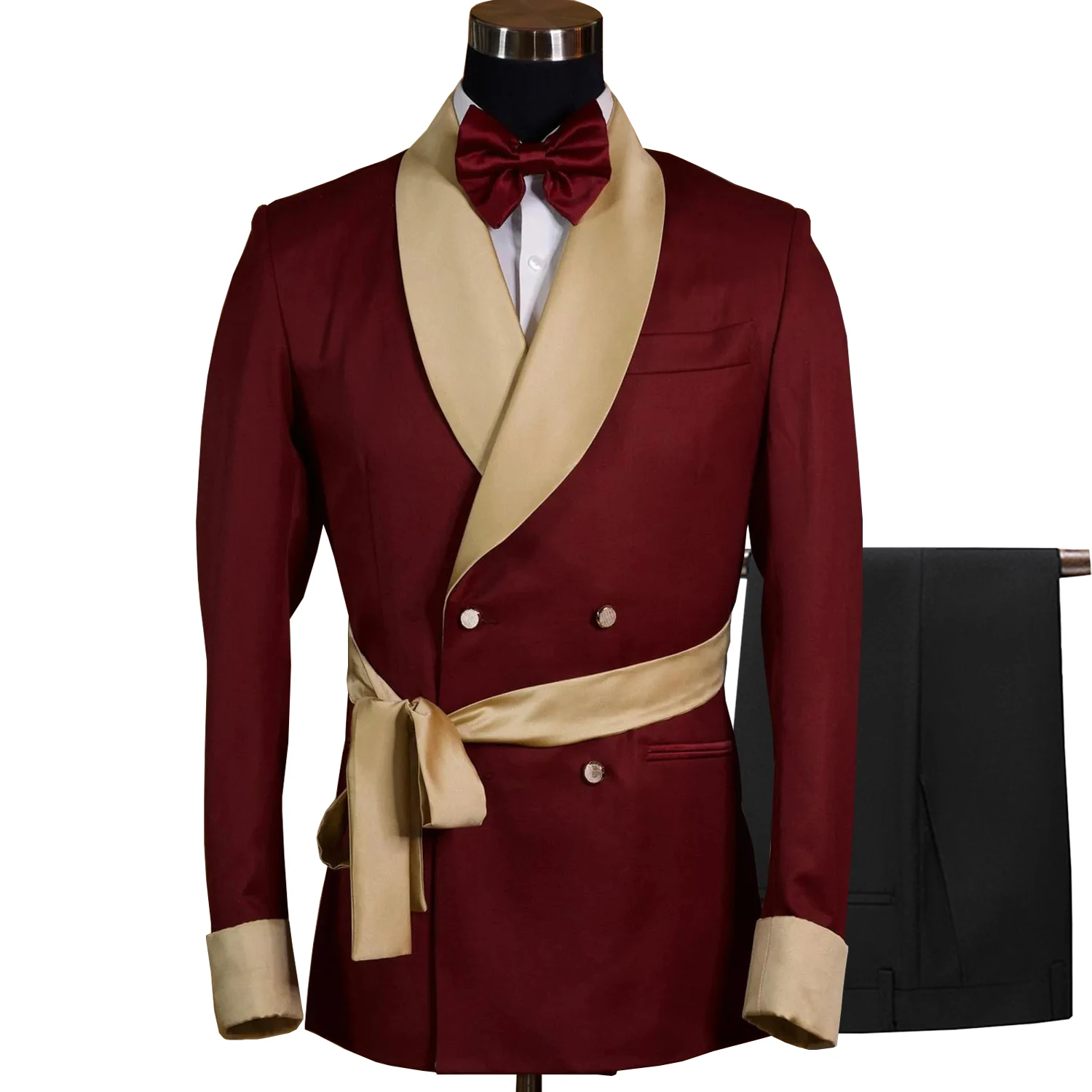 Gwenhwyfar Men's Deep Burgundy And Gold Satin Fabric Suits Tailored 2 Pieces Blazer Black Pants Two Button Shawl Lapel Wedding