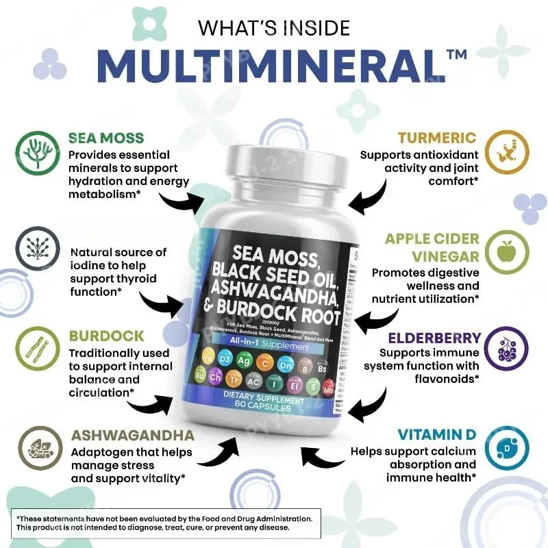 Sea Moss Capsules Contain Black Seed Turmeric & Vitamin D Plant-Based Daily Mineral All in One Supplement 60 Count Per Bottle — image 3