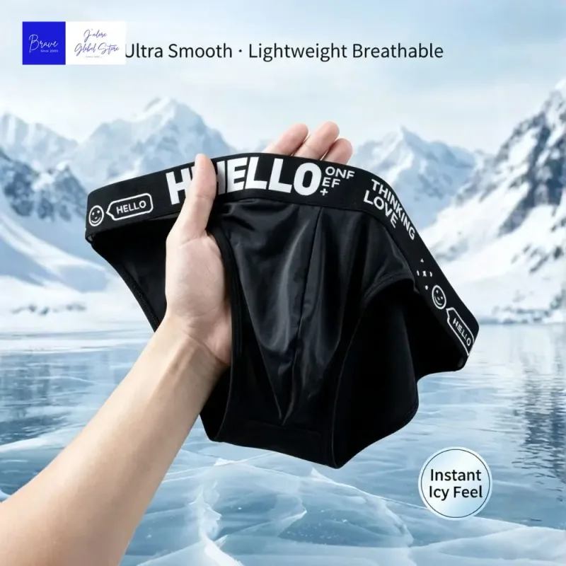 Men Trendy Ice Silk Bikini Briefs Hello Letter Print Moisture Wicking Breathable Athletic Underwear Stylish Cooling Underpants
