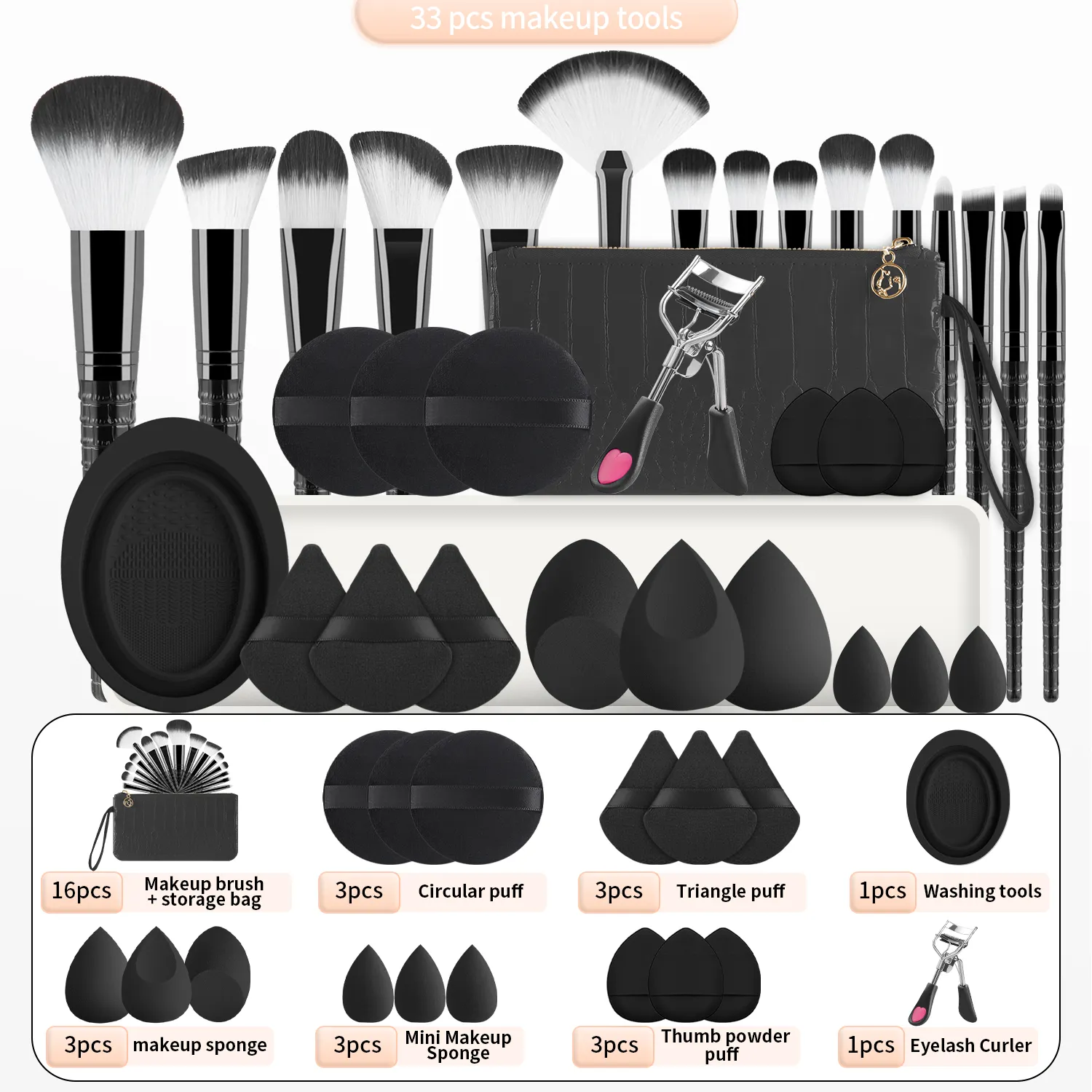 33Pcs All In One Makeup Tools Set 15 Brushes Beauty Sponges Powder Puff Eyelash Curler With Storage Bag For Full Face Makeup — image 1