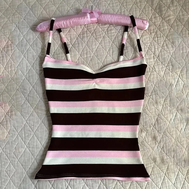 Color Block Stripe Twist Front Spaghetti Strap Cami Top Slim Fit Y2K Sweet קיץ גופייה ללא שרוולים — image 9