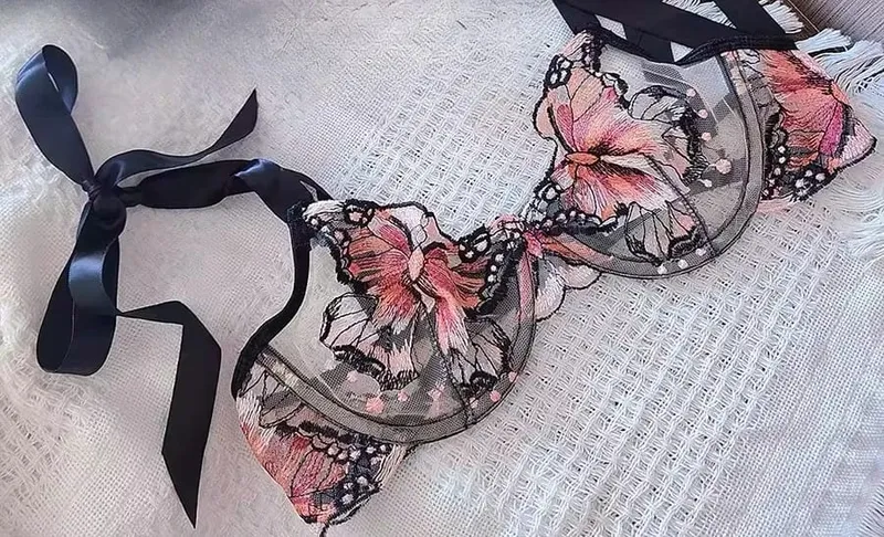 Reggente Pizzo Francese Farfalla Rete Trasparente Spalline Elastiche Senza Spugna Σετ Intimo S-XL Nuovo Morbido — image 8