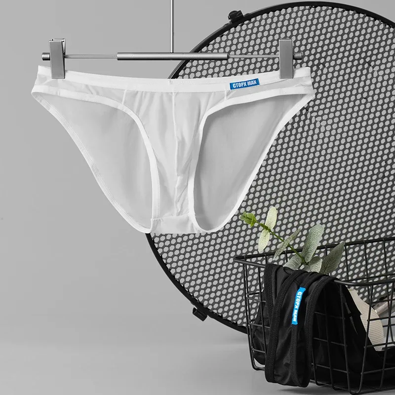 Men's Sexy Underwear Thin Ice Silk Translucent Briefs U Pouch Ropa Interior Hombre Male Panties