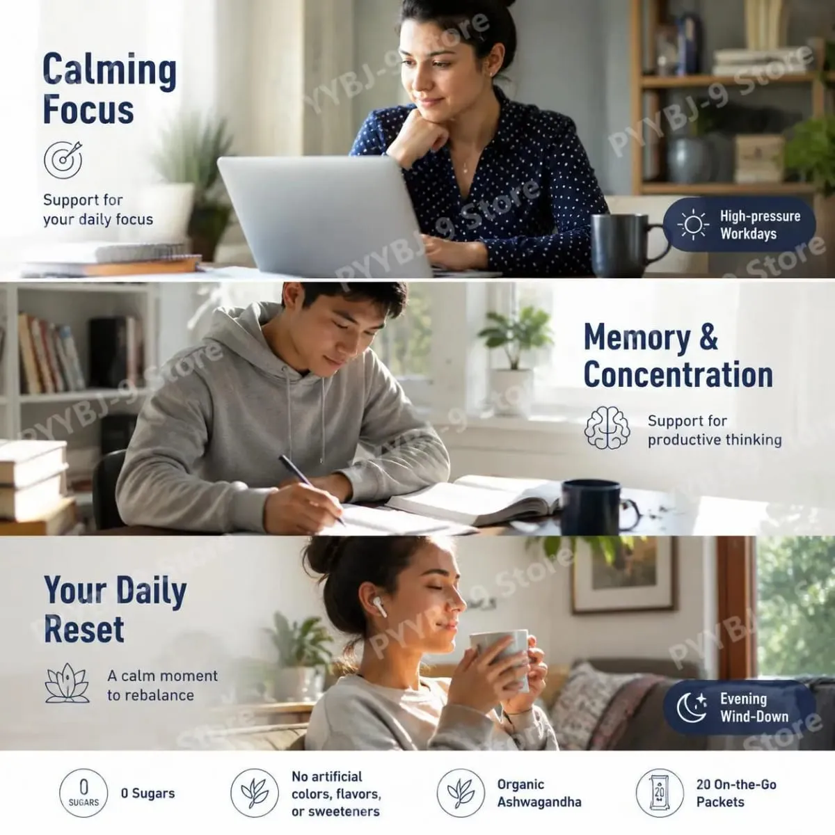 Χαλαρωτικό Μείγμα Ροφήματος Σκόνης με L-Theanine Focus Memory Concentration & Cognitive Support Healthy Cortisol Balance 20 πακέτα