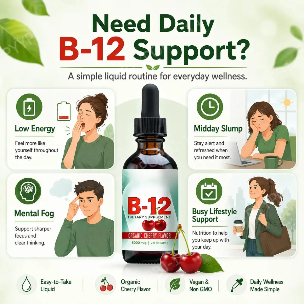 Βιταμίνη B12 Methylcobalamin Liquid Drops 5000 mcg Cherry Flavor 2 Fl Oz 60 Servings Συμπλήρωμα Vegan χωρίς ζάχαρη καθημερινά — image 3