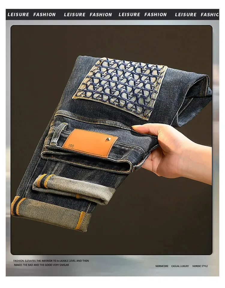 2024 New Light Luxury Jeans Ανδρικά Ανοιξιάτικα και Φθινοπωρινά Ευέλικτα High-End Casual Προσιτά Πολυτελή Μόδα Λεπτά Παντελόνια