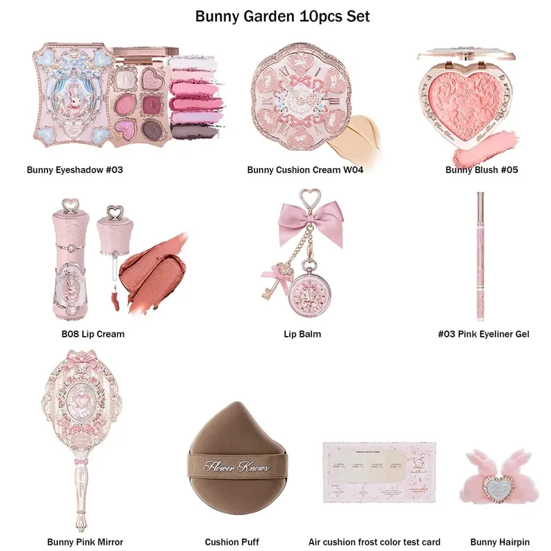 Σετ μακιγιάζ Flower Knows Shell Pearl Bunny Garden Setting Powder Lip Gloss Blush All in One Κιτ γκλίτερ για γκλίτερ μπέικιν πάουντερ — image 9