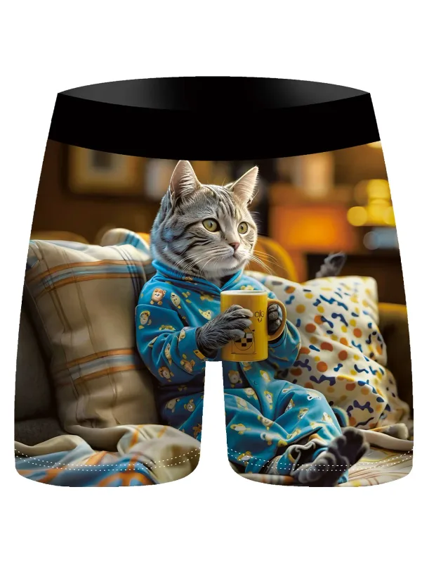 3Pcs Men Boxer Briefs Cute Lazy Cat 3D Print Underwear Soft Stretch Male Underpants Funny Novelty Gift Boxer Shorts — image 4