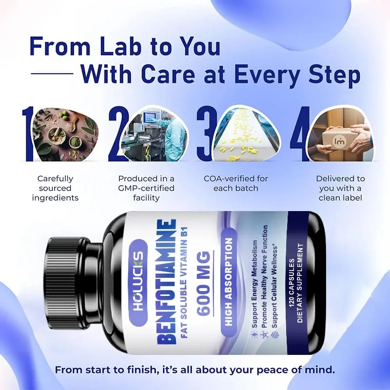 Benfotiamine Capsules with Fat-Soluble Vitamin B1 Support Nerve Health Energy Metabolism & Cellular Wellness for Men & Women