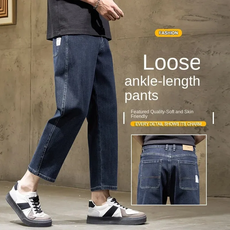 Men's Baggy Straight Leg Jeans Casual Stretch Denim 9-Length Comfortable Loose Trousers Spring Autumn Versatile Wide-Leg Pants — image 1