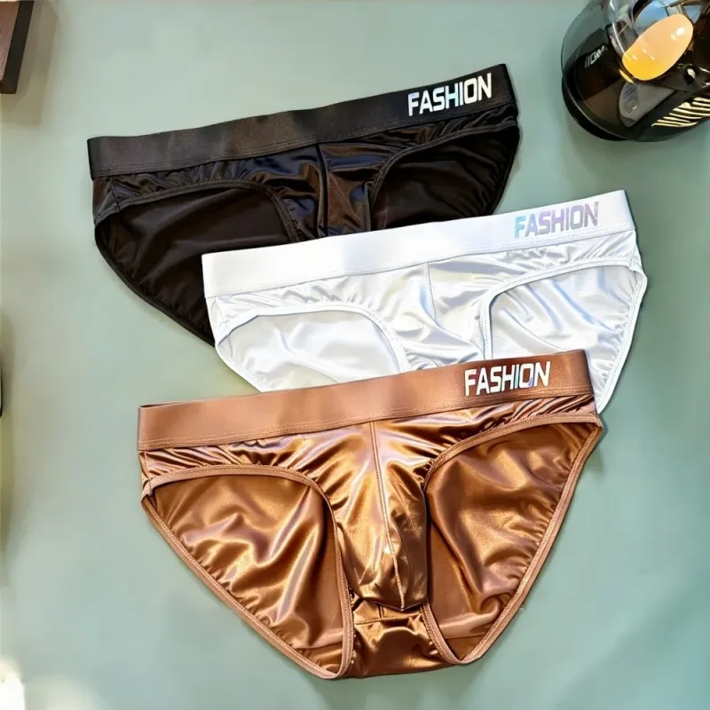 Underwear Men's Triangle Panties Low Waist Ultra Smooth Satin Silky Briefs Lingerie Gradient Letter Glossy Underpants Daily Wear — image 12