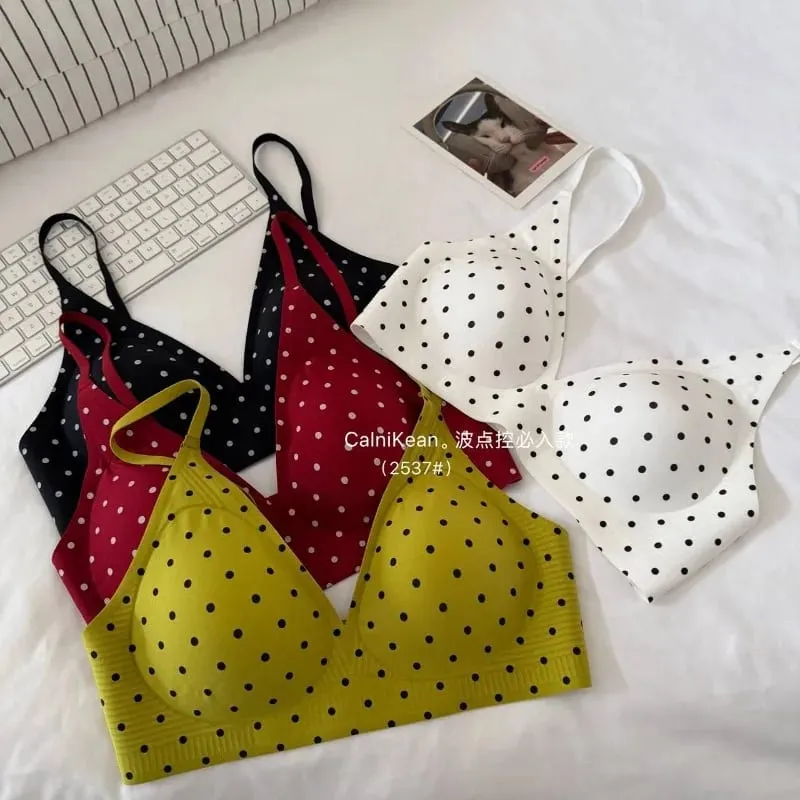 Amerikai retro pöttyös melltartó Seamless Deep V vezeték nélküli zselé támogatás megereszkedett fehérnemű szett Sexy Comfort MOYISU szexi melltartó szett — image 4