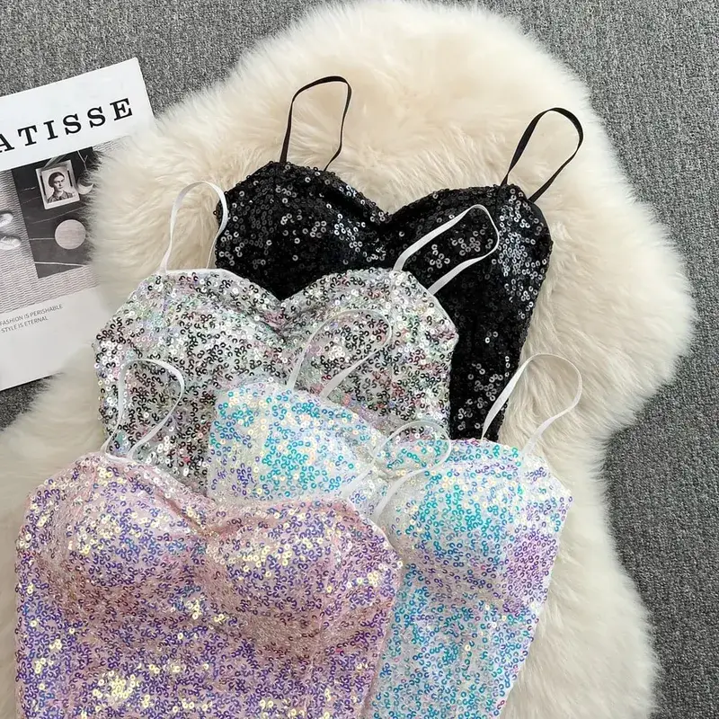Σέξι Sequin Party σπαγγέτι Croset Bustier εξώπλατα Slim Tanks και Camis Strap Glitter Crop Top Fashion Καλοκαιρινά Γυναικεία Ρούχα Y2k — image 8